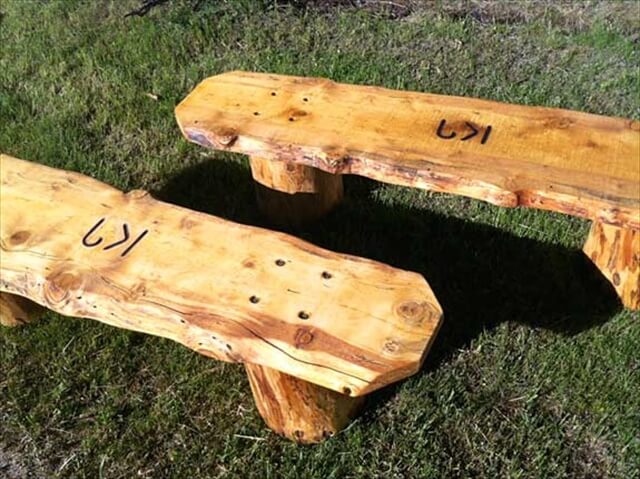handmade log slab benches made workamping