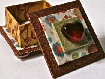 Handmade Square Box In Red & Gold With Glass Heart For Jewelry