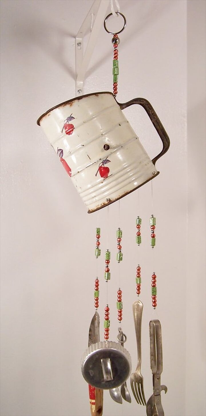 40 Homemade Diy Wind Chime Ideas Repurposed Vintage Kitchen Sifter And Utensils Wind Chime