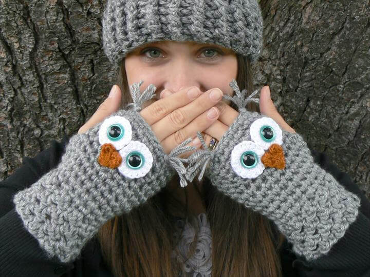 knitted owl fingerless gloves pattern