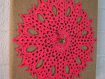 Candy pink flowery crocheted wall clock on burlap board idea: