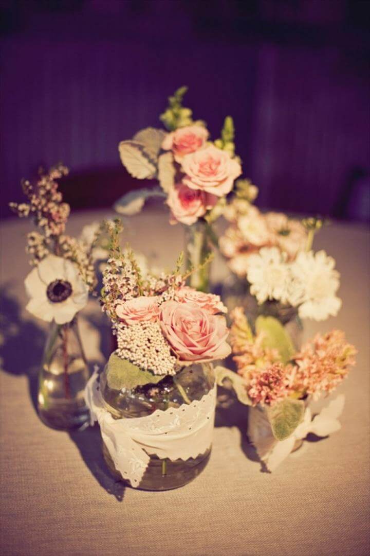 Lace-Wrapped Mason Jar Centerpiece