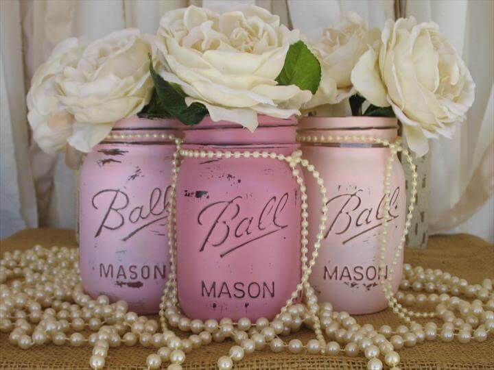 Set Of 3 Mason Jars, Painted Mason Jars, Pink Mason Jars, Home Decor, Holiday Decorations, Country Home Decor, Pink Mason Jars