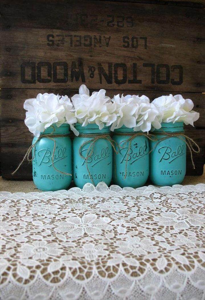 Mason Jars, Painted Mason Jars, Rustic Wedding Centerpieces, Party Decorations, Turquoise Wedding