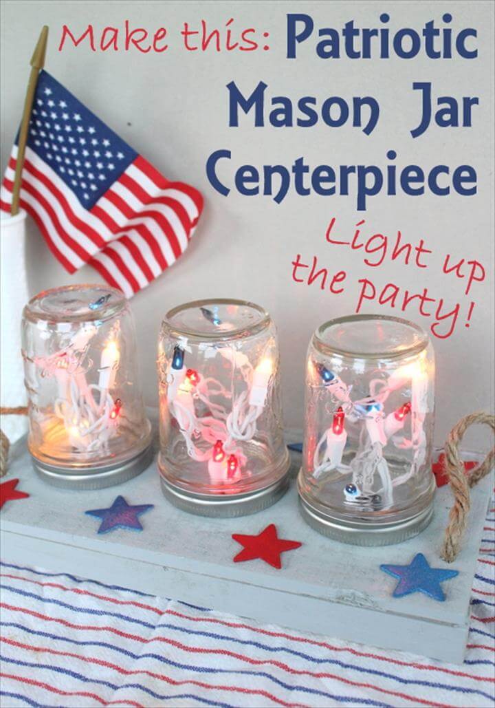 Patriotic Mason Jar Centerpiece voor de Fourth of July -- maak dit centerpiece en steek aan