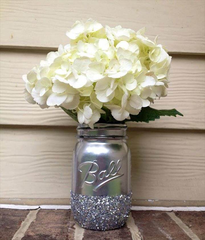 Shining Shimmering Silver Painted Distressed Mason Jars Vase Vintage Centerpiece Wedding Decor Ball Kerr Rustic Wedding Glitter Sparkling