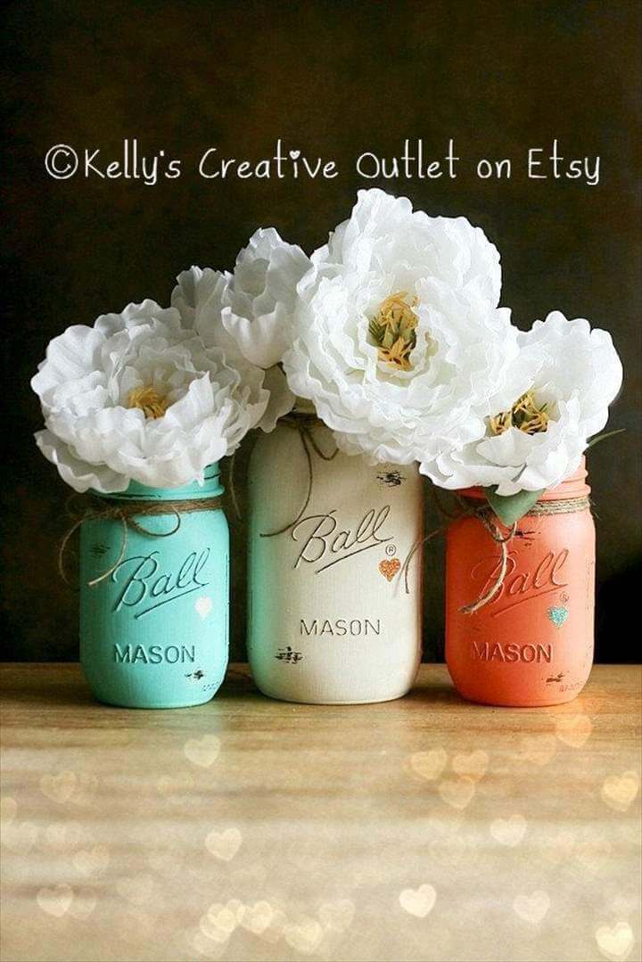 Cream, Coral and Teal - Painted Mason Jar - Distressed Mason Jars - Vase - Home Decor - Wedding Centerpiece - Baby Shower - Mason Jar Decor