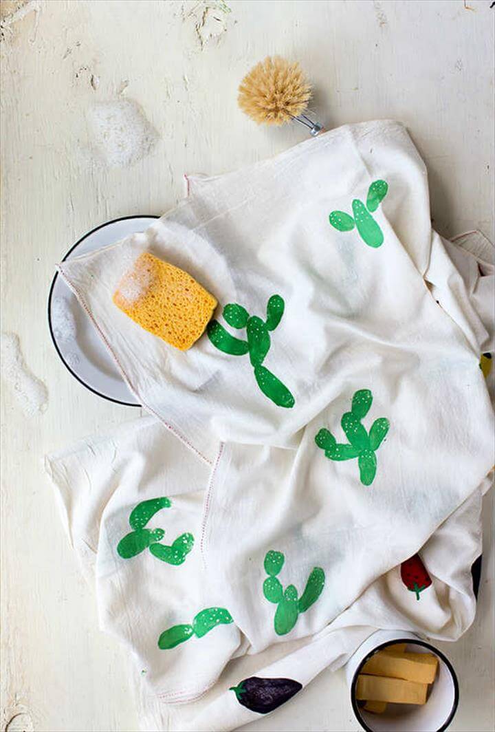 Shabby chic DIY potato stamped cactus tea towel 