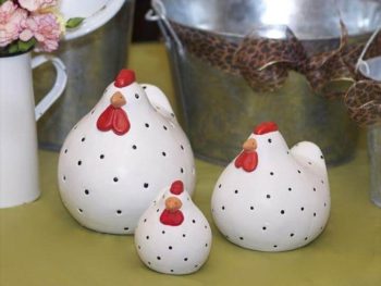 Decorative elements, like these cute polka-dot ceramic chickens, add a casual simplicity
