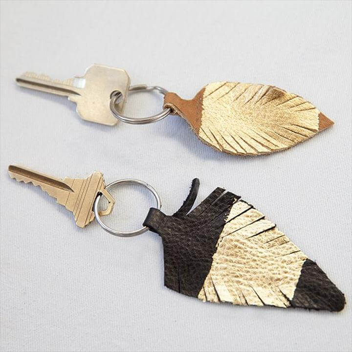 Gold-Accented Leather Feather Keychain