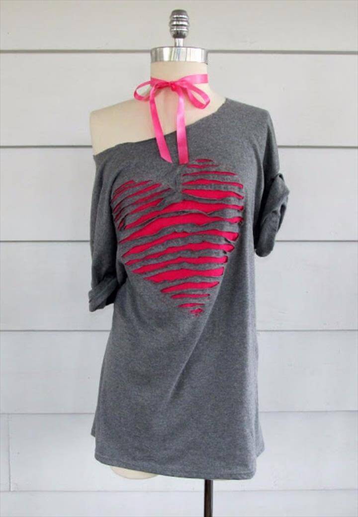 T-Shirt Makeovers - DIY Peek-A-Boo Heart Shaped Off Shoulder T