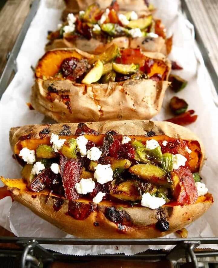 Primal Stuffed Sweet Potatoes with Maple Bacon Brussels Sprouts