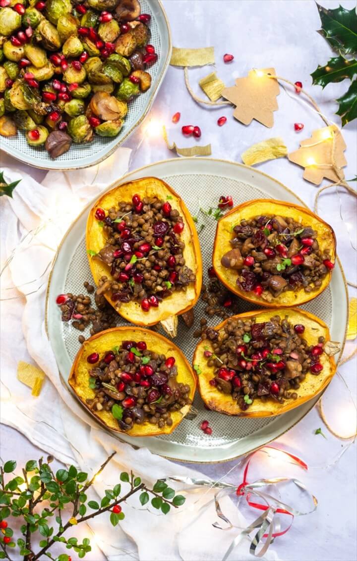 Stuffed Butternut Squash With Chesnut Brussel Sprouts