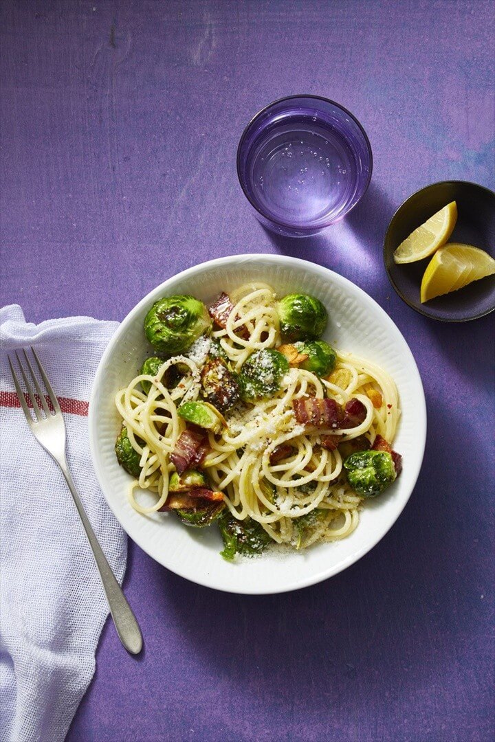Spaghetti with Bacon and Parmesan Brussels Sprouts 1
